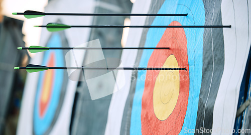 Image of Arrows in archery target or circle for competition, game or learning in field outdoor for sports background. Sport event, icon or eye goal with arrow on board for gaming, adventure and shooting