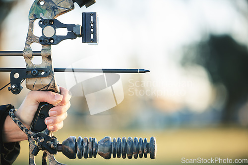 Image of Archery bow and closeup of person at shooting range for competition, game or learning in field or outdoor sports. Woman and arrow for gaming, adventure and sport hunting with aim and target practice