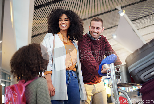 Image of Travel, airport and happy family with african girl for holiday, vacation and talking of immigration journey. Suitcase, luggage and mother, father or diversity parents with child excited for flight