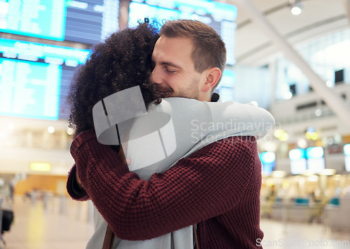 Image of Couple, hug and farewell at airport for travel, trip or flight in goodbye for long distance relationship. Man and woman hugging before traveling, departure or immigration arrival waiting for airline