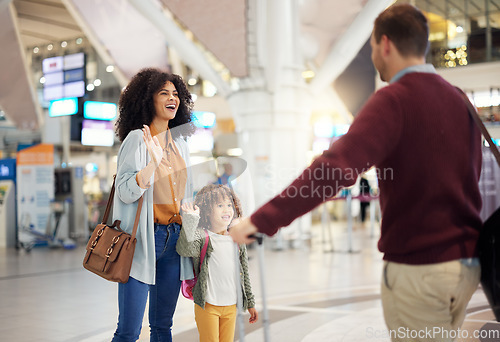 Image of Happy family greeting father at airport for welcome home, reunion and travel immigration at international flight. Interracial mother, dad and girl or kid wave, hello and excited to see papa in lobby