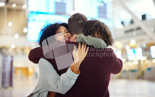 Image of Travel, family and hug in airport, reunion and happiness for international trip, getaway and cheerful. Love, man and woman with child, kid or goodbye for traveling, embrace or departure with greeting