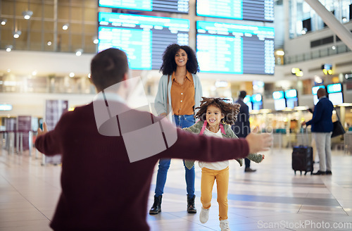 Image of Child running to father at airport for welcome home travel and reunion after immigration or international opportunity. Interracial family, dad and girl kid run for hug excited to see papa in lobby