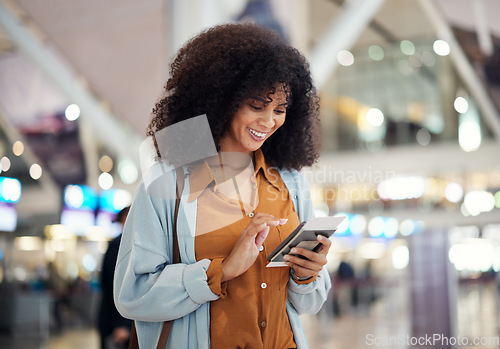 Image of Black woman at airport, travel and passport with smartphone, excited for holiday and plane ticket with communication. Freedom, chat or scroll social media, flight with transportation and vacation