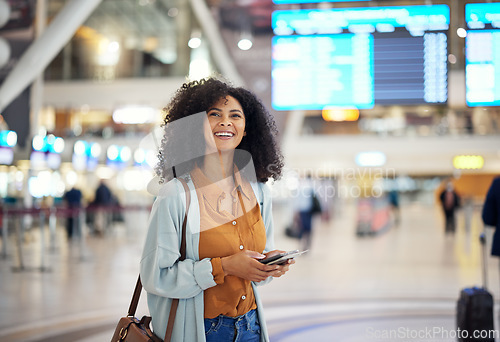 Image of Black woman at airport, travel and passport with happiness, excited for holiday, plane ticket and boarding pass. Freedom, smile on face and flight with transportation, vacation mindset at terminal