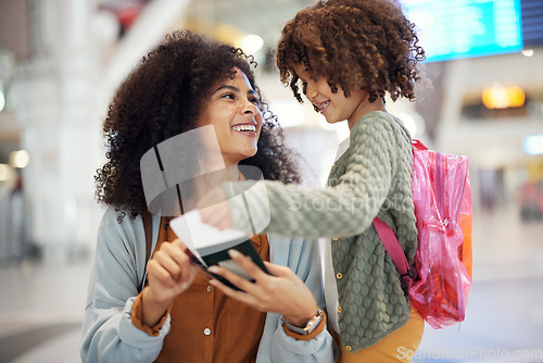 Image of Travel, passport and woman with her kid in the airport checking their boarding pass together. Trip, technology and mother browsing on a cellphone with girl child while waiting for flight in terminal.