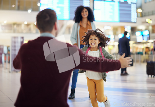 Image of Happy child running to father at airport for welcome home travel and reunion, immigration or international opportunity. Interracial family, dad and girl kid run for hug excited to see papa in lobby