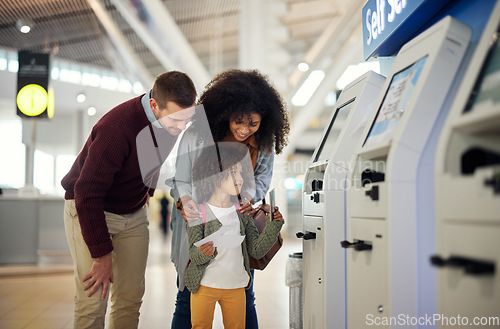 Image of Airport ticket, child and happy family for vacation booking, payment receipt and self service registration. Interracial parents or mother, father and girl kid for travel document check at POS machine