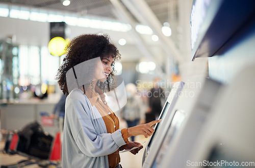 Image of Black woman, airport and smile by self service station for ticket, registration or boarding pass. Happy African female traveler by kiosk machine for travel application, document or booking flight