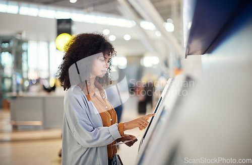 Image of Black woman, airport and self service station for ticket, registration or online boarding pass. African American female traveler by terminal machine for travel application, document or booking flight