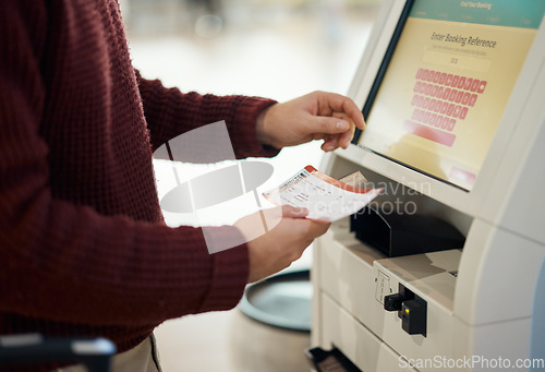 Image of Hands, ticket and airport by self service for check in, registration or online boarding pass. Hand of traveler by terminal machine or kiosk for travel application, document or booking flight trip