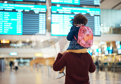 Image of Airport, love and man with his child on his shoulders reading the schedule or time board. Trip, travel and young father carrying his girl kid while walking to the terminal to board their flight.