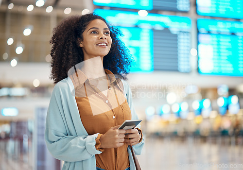 Image of Black woman at airport, travel and passport for holiday, ready with smile, plane ticket and boarding pass. Freedom, immigration and female, flight with transport and vacation mindset at terminal