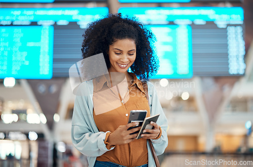 Image of Black woman at airport, travel and passport with cellphone, excited for holiday and plane ticket with communication. Freedom, chat or scroll social media, flight with transportation and vacation