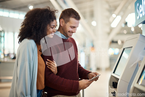 Image of Airport, payment and couple with ticket for self service, checkout or online booking on machine. Paying, man and woman happy, hug and bonding while at POS for flight schedule, travel and information