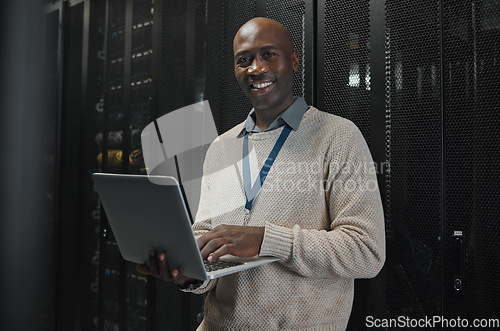 Image of Server, laptop and portrait of black man or technician for data center, system update or cybersecurity code. Engineer or programmer person in information technology happy with ethernet and wifi power