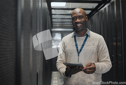 Image of Data center, tablet or black man portrait or technician for system cybersecurity code in server room. Happy, face or male programmer or programming in information technology or digital transformation