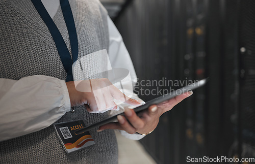 Image of Woman, hands and tablet in server room for networking, inspection or checking systems at office. Hand of female technician or engineer with touchscreen in service maintenance, data or administration