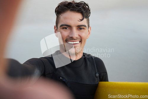 Image of Surfer, man and beach selfie with smile for waves, wellness and sports training in summer for social media. Ocean athlete, surfboard or profile picture for fitness, sport and adventure for exercise