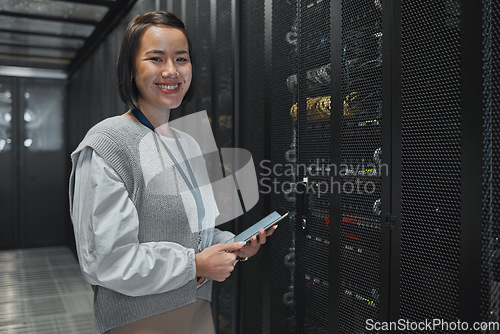 Image of Asian woman, portrait and tablet of technician by server for networking, maintenance or systems at office. Happy female engineer smile for cable service, power or data administration or management