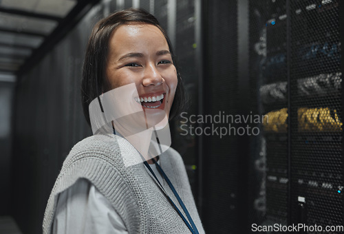 Image of Woman, portrait and happy in server room with information technology, happy in job and datacenter with engineer. Asian female, funny and face with database, cybersecurity and system software upgrade