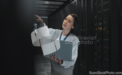 Image of Laptop, maintenance or IT woman in server room for research, engineer working in data center. Computer, cybersecurity and girl programmer with tech for problem solving, diagnose or troubleshooting