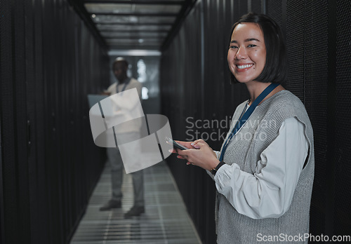 Image of Technician, woman and portrait with phone in server room for digital management, coding and tech. Female engineering, mobile technology and data center for programming, cyber administration and smile