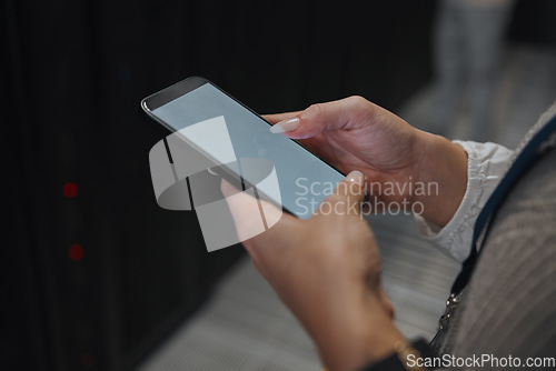 Image of Phone screen, mockup or IT woman hands in data center on research, communication or typing in server room. Scroll, search or girl on smartphone for networking, social media or reading website content