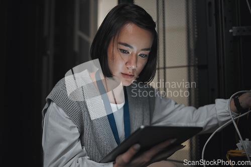 Image of Tablet, server room and communication with a programmer asian woman at work on a computer mainframe. Software, database and information technology with a female coder working alone on a cyber network
