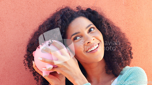 Image of Piggy bank savings, investment and woman excited for financial growth and investing in future wealth. Young gen z person with wow and smile for finance, investing profit and entrepreneurship banking