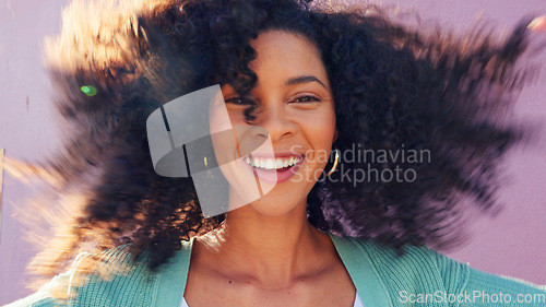 Image of Afro woman with natural hair and happy with growth on pink wall background in summer sunshine. Freedom, carefree and empowerment girl with retro curly hairstyle for outdoor hair care or beauty mockup