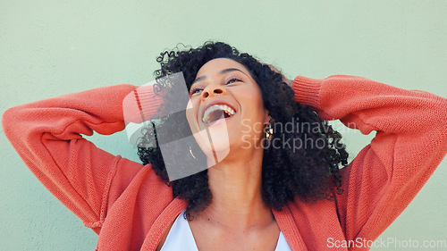 Image of Hands of happy woman play with hair, beauty and smile from Portugal girl feeling freedom, excited and wellness. Happiness, high energy and gen z person with healthy, natural and good curly hair care