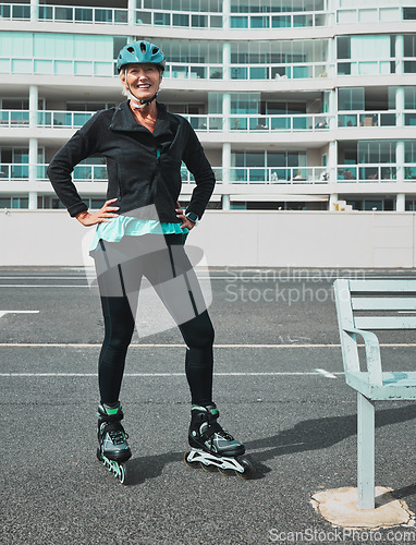 Image of Roller skate, smile and senior woman in city ready for sports, adventure and fitness hobby outdoors. Retirement, holiday and portrait of elderly female excited for skating, travel activity and relax