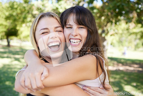 Image of Nature, friends and portrait of women hugging with love, care and happiness in garden. Happy, smile and female friendship embracing with excitement in outdoor park while on holiday together in Canada