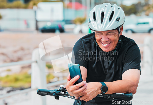 Image of Happy man, mobile or electrical bike helmet in transport, clean energy fitness or mature sustainability travel. Ebike, electricity or eco friendly bicycle and smartphone technology of cycling GPS map