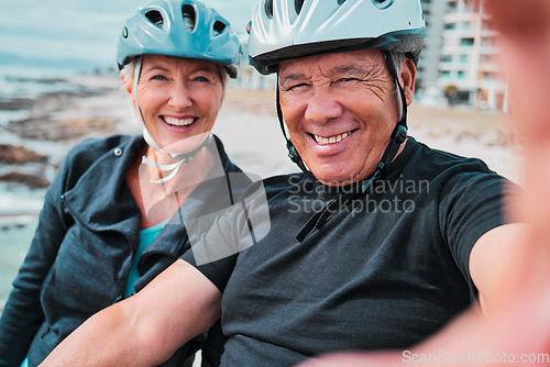 Image of Cycling, smile and fitness with old couple and selfie for social media, workout and health training. Wellness, internet and photo with senior man and woman on bike for summer, exercise and travel