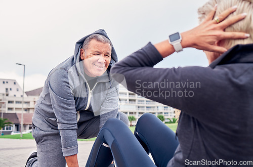 Image of Fitness, workout and sit ups with a senior couple training outdoor together for an active lifestyle of wellness. Health, exercise or core with a mature man and woman outside on the promenade