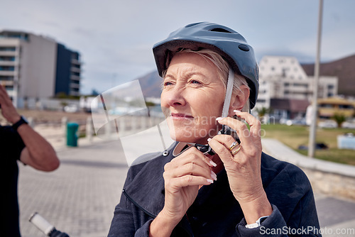 Image of Thinking, senior and woman ready for cycling, fitness and retirement fun in the city of Germany. Sports, training and an elderly lady thinking to start a bicycle ride for eco friendly exercise