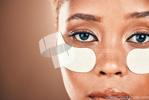 Image of Eye patch, black woman and portrait for beauty on a mockup background for collagen dermatology. Aesthetic model person face in studio for skincare, cosmetics and facial skin glow with gel mask space