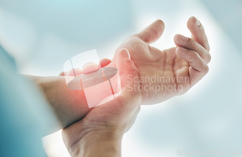 Image of Hands, fitness injury and wrist pain after accident, workout or training exercise. Sports, health and athlete man with fibromyalgia, inflammation or painful arthritis, tendinitis or carpal tunnel.