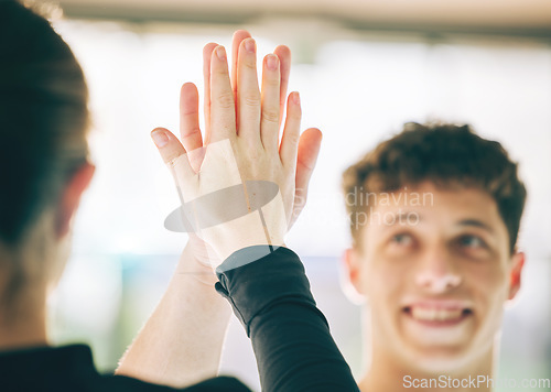 Image of High five, hands or sports people for teamwork, support or collaboration with smile in gym. Agreement, partnership or greeting men for thank you, motivation for success goal and targets achievement