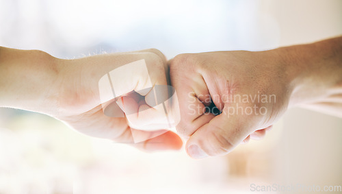 Image of Fist bump, hands or support teamwork in gym for people in collaboration or solidarity trust. Agreement connection, partnership or friends greeting, thank you or motivation for success goal or targets