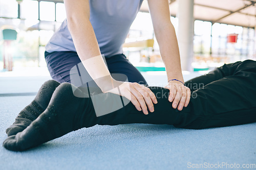 Image of Physiotherapy, legs and hands of personal trainer with man for performance, body wellness and sports. Fitness, physical therapy and coach with athlete for workout, training and muscle support in gym