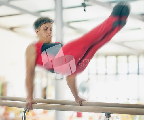 Image of Horse, gymnastics and motion blur with an olympics man training for a sports event or competition. Exercise, balance and games with speed of athlete or gymnast in studio or gym for competitive sport