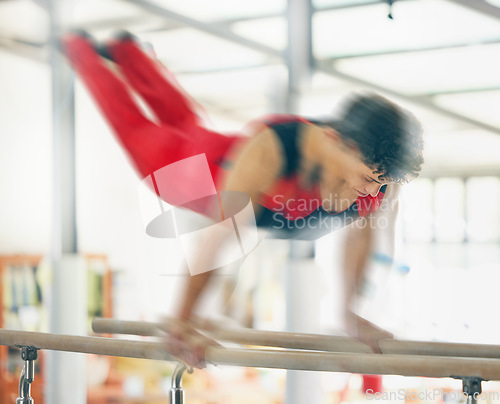 Image of Horse, gymnastics and motion blur with a man in gym training for an olympics event or competition. Exercise, balance and games with speed athlete or gymnast in a sports studio for competitive sport
