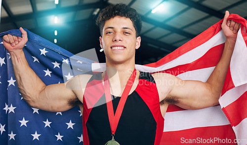 Image of Man, medal and usa flag for winner, athlete and portrait for celebration, sports and goals in competition. Gen z person, US and smile for winning, celebrate and happiness for victory in sport contest
