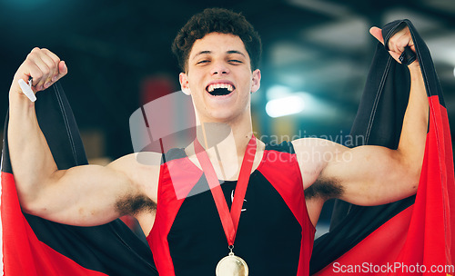Image of Man, medal and flag for sport, portrait and winning with celebration, happiness or goal in competition. Gen z person, strong and winner with smile, celebrate and happy for victory in sports contest