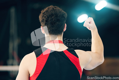 Image of Fitness, back and man with success, fist and celebration for competition, workout goals and target. Male athlete, gymnast or winner with gesture for victory, energy or sports motivation with wellness