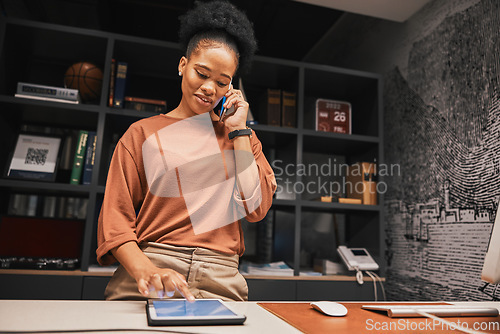 Image of Black woman, phone call and tablet with small business and owner in office or store, communication and technology. Chat with supplier, entrepreneur and digital stock checklist with desk and talking