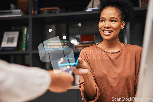 Image of Black woman, machine and credit card for payment, checkout transaction or digital money transfer in store. African American female customer, lady or client with contactless purchase or electronic pay